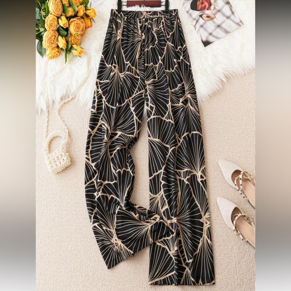 Black and Tan Patterned Wide Leg Pants